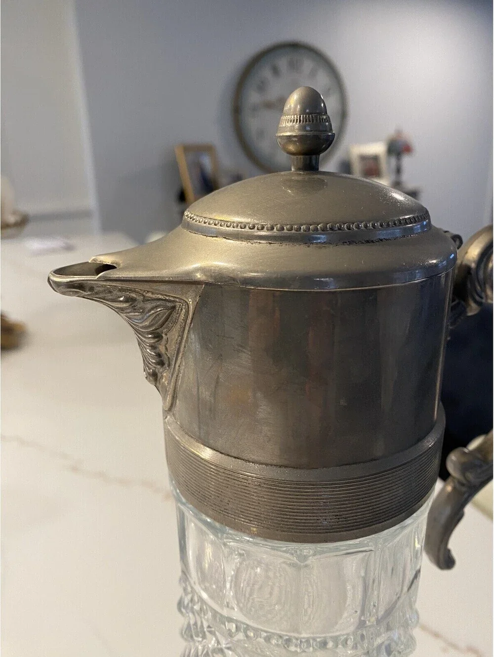 Vintage Large Diamond Point Glass Silver Plated Top Decanter Pitcher Ice Tube